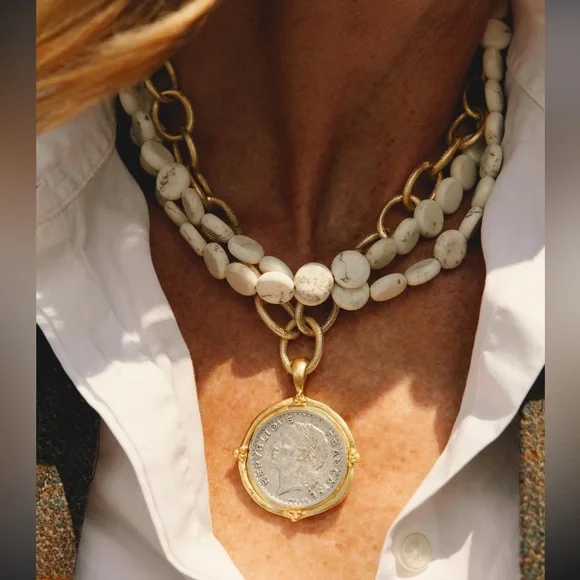 Susan Shaw Mixed Metal Coin Multi-Strand White Turquoise Coin Necklace - Picture 1 of 9